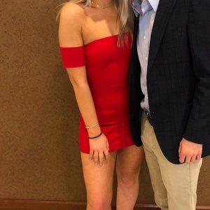 red off the shoulder mini dress